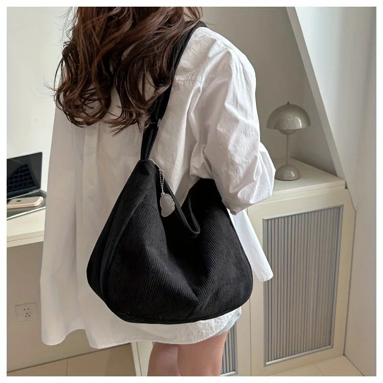 Women's Corduroy Shoulder Bag | Casual Striped Large Capacity Tote with Zipper (Cute Hat Patch, Everyday Use)