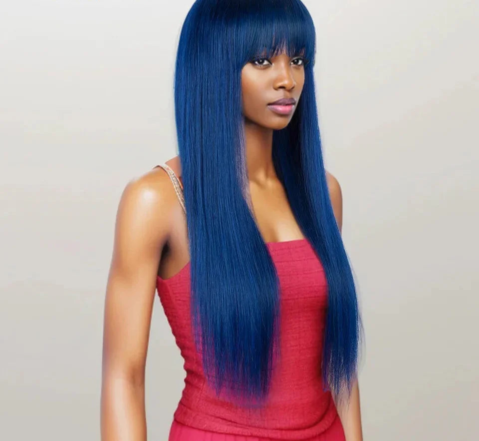 Dirty Pink Straight Human Hair Wig with Bangs | Full Machine Made Brazilian Remy for Women (Wear & Go)