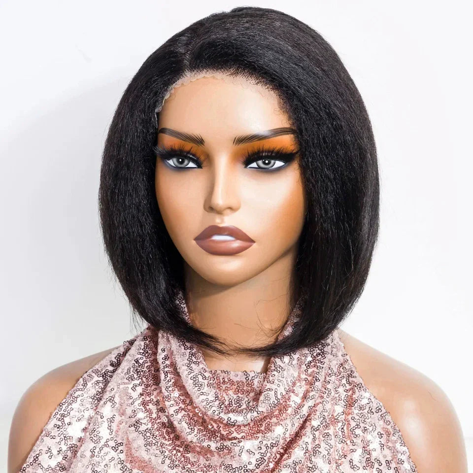 Short Kinky Straight Bob Wig | Glueless Human Hair C Lace with Natural Hairline