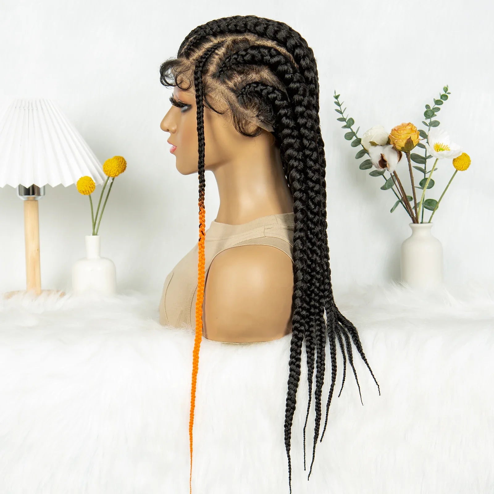 Knotless Box Braids Full Lace Wig | Cornrow Accents | Baby Hair | Synthetic Braided Wig