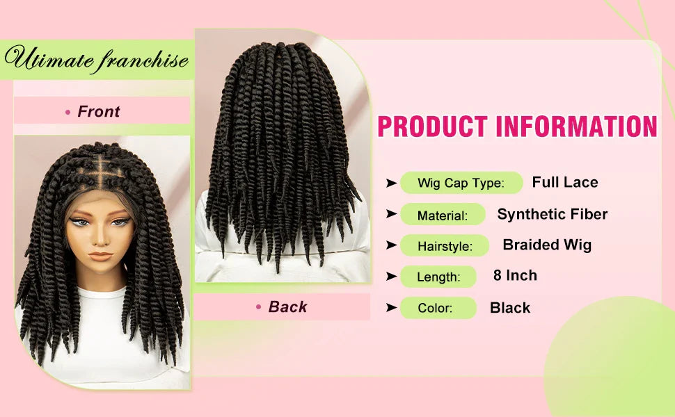Twisted Braided Wig | Bob Twist Crochet Wig | Full Lace Braided Wig for Black Women | Kanekalon Hair