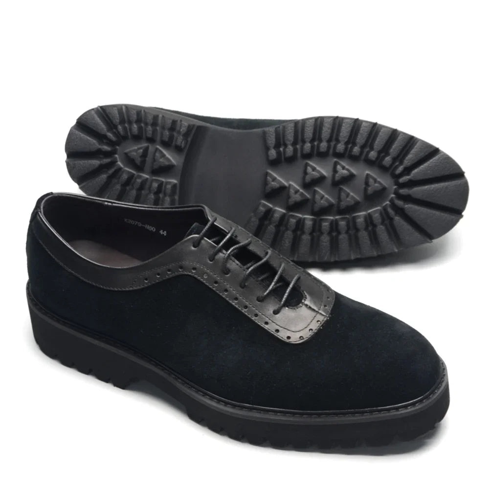 Designer Luxury Platform Oxfords for Men | Cow Suede Genuine Leather Black & Blue Casual Shoe (Height Increasing)
