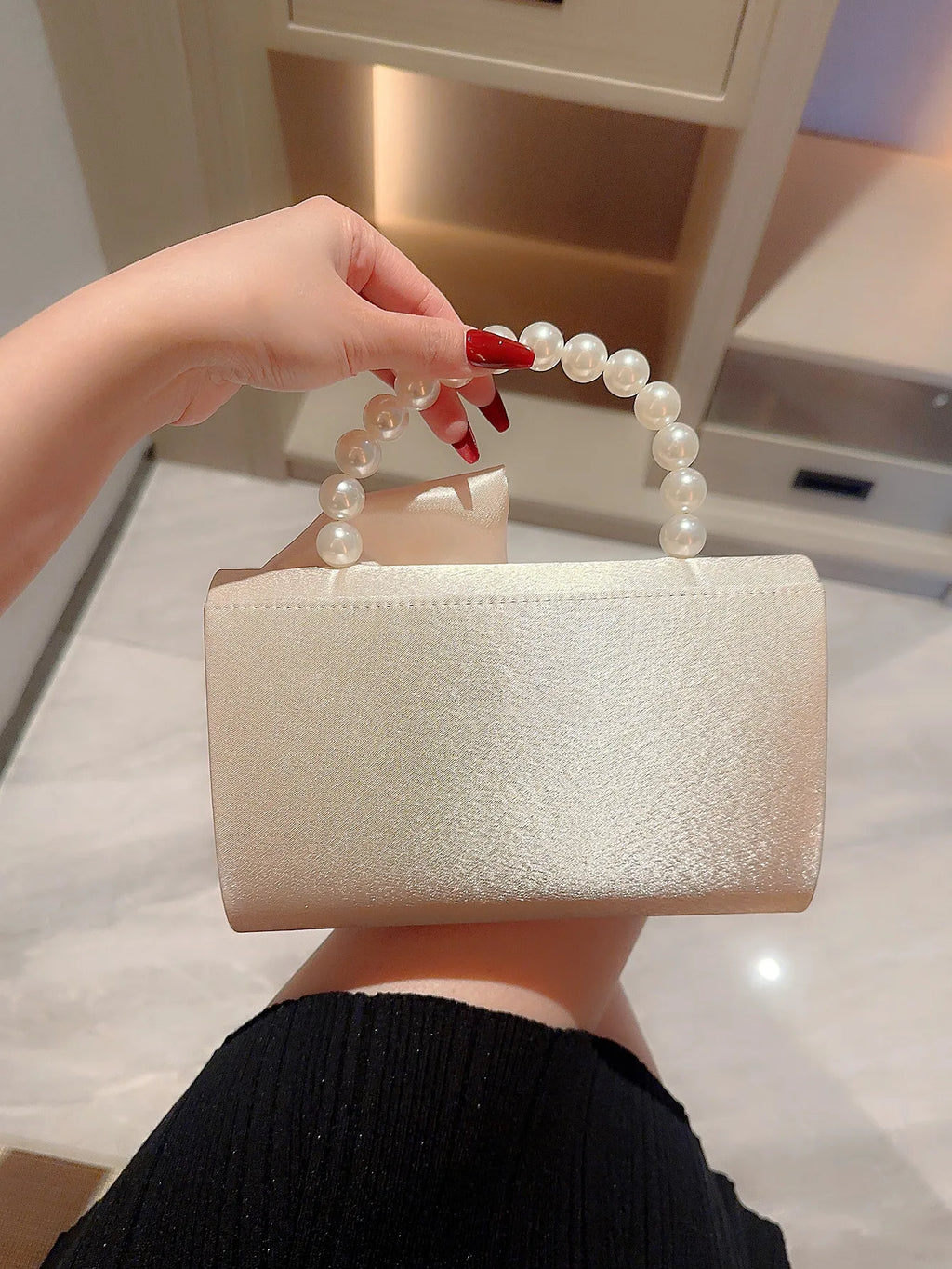 Lady Exquisite Flower Evening Bag | White Wedding Bag & Faux Pearl Handheld Banquet Bag (Party, Prom, Dress Bag)
