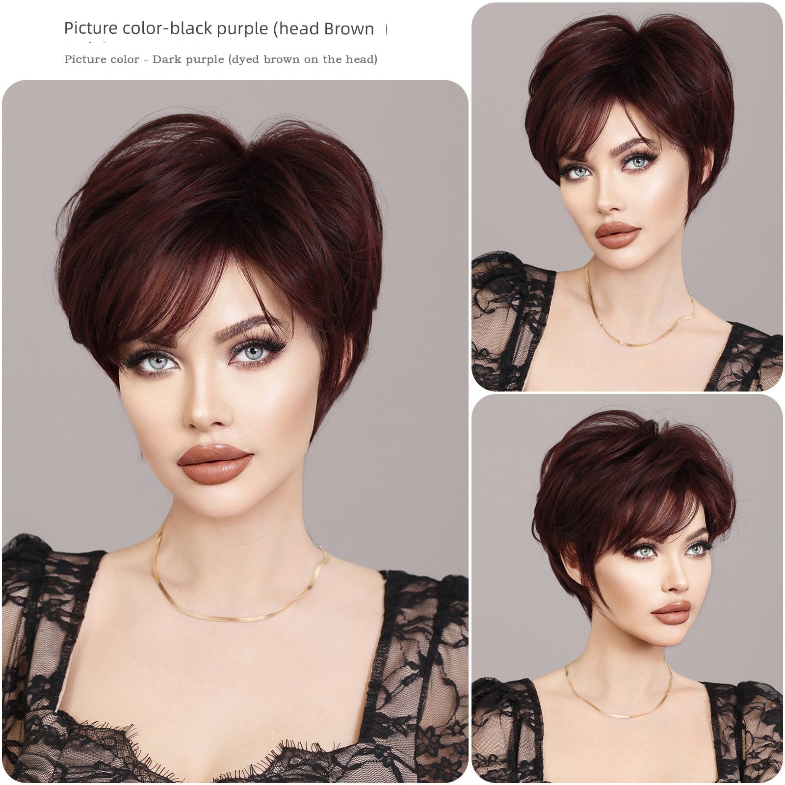 European & American Short Platinum Highlight Black Wig | Full Head Cover Artificial Human Hair Wig for Women (Natural Hairstyle with Oblique Bangs)
