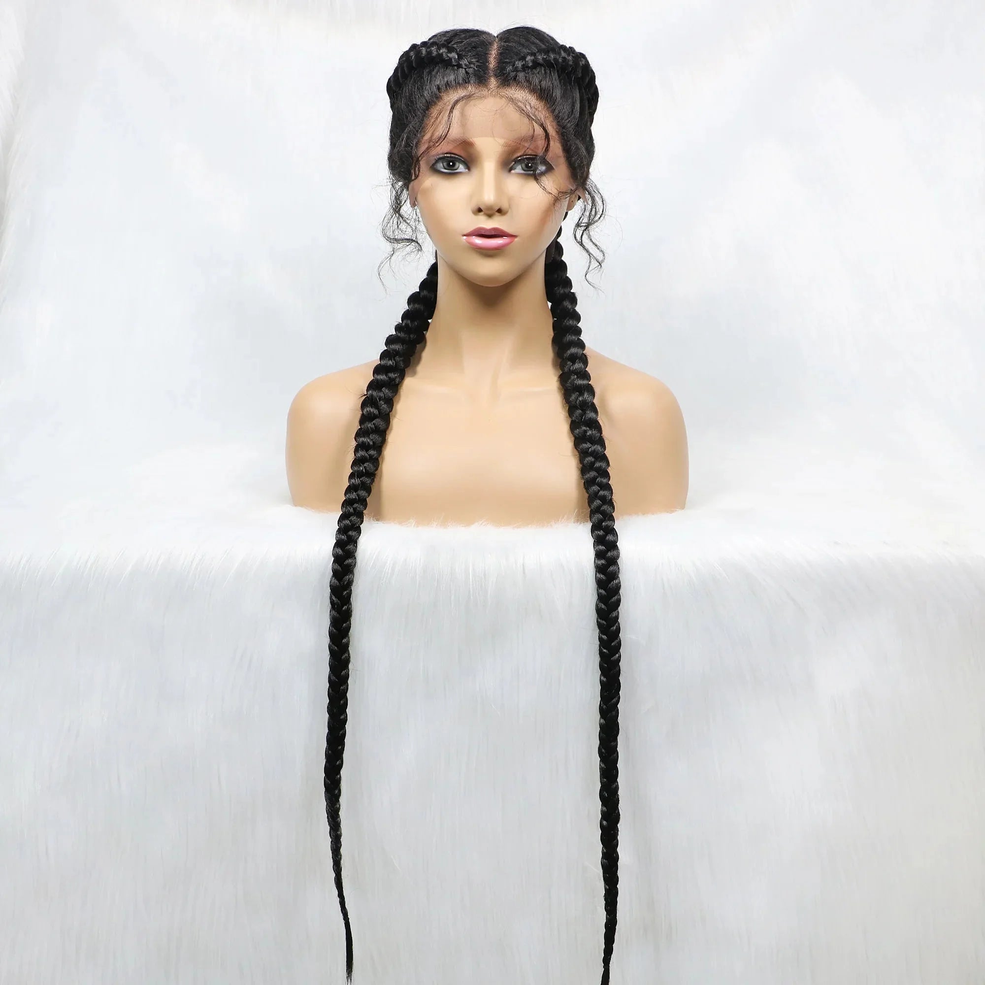 Handmade Double Dutch Cornrow Braided Wig | Natural Black Lace Front | Baby Hair | Kanekalon Synthetic Wig for Women