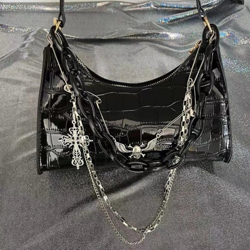 Gothic Dark Punk Underarm Bag | Skull Shoulder Bag & Y2K Chain Crocodile Pattern Crossbody Bag (Korean Popular Aesthetic Handbags)