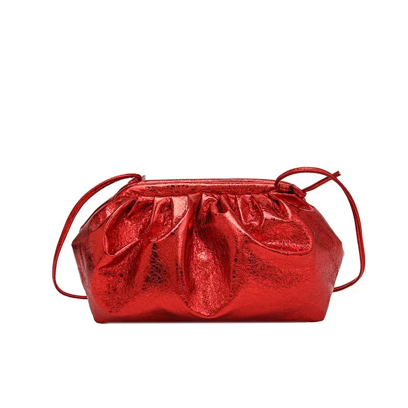 Small Luxury Design Women's Leather Silver Cloud Bag | Gold Crossbody & Ladies Party Clutch Purse (Sequined, Ruched Handbag)