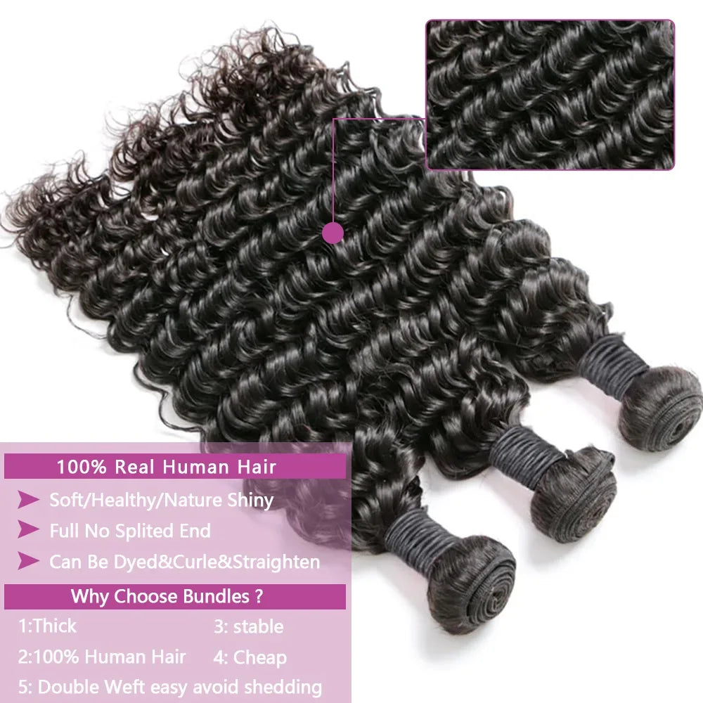 Queenlike 24 26 28 Inch Deep Wave Human Hair Bundles | Brazilian Remy Hair Extensions | Deep Curly Weave