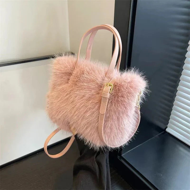 Faux Fur Tote Bag Women's | Bucket Plush Luxury Design Ladies Handbags & Soft Winter Crossbody Shoulder Bags (Bolsa Feminina)