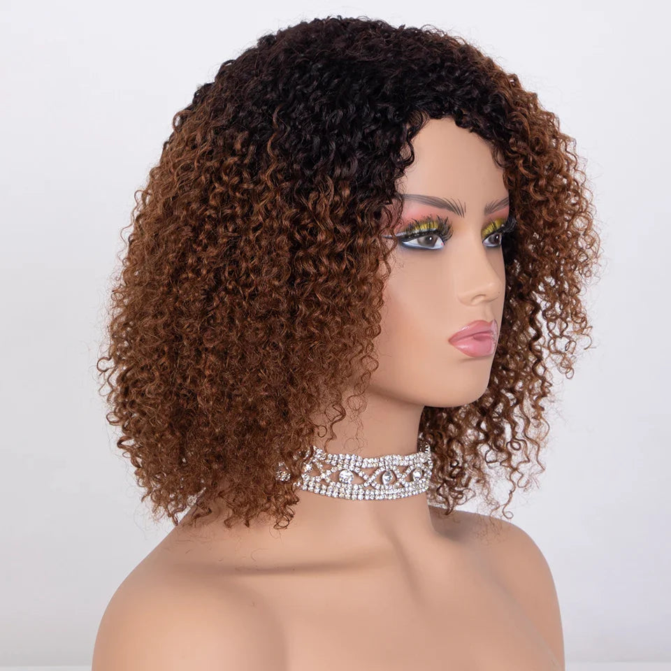 Ombre Highlight Afro Kinky Curly Human Hair Bob Wig | Full Machine Made Brazilian Remy