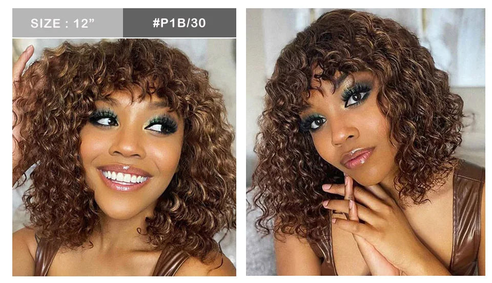 Highlight Honey Blonde Jerry Curly Pixie Bob Wig with Bangs | Full Machine Made Human Hair
