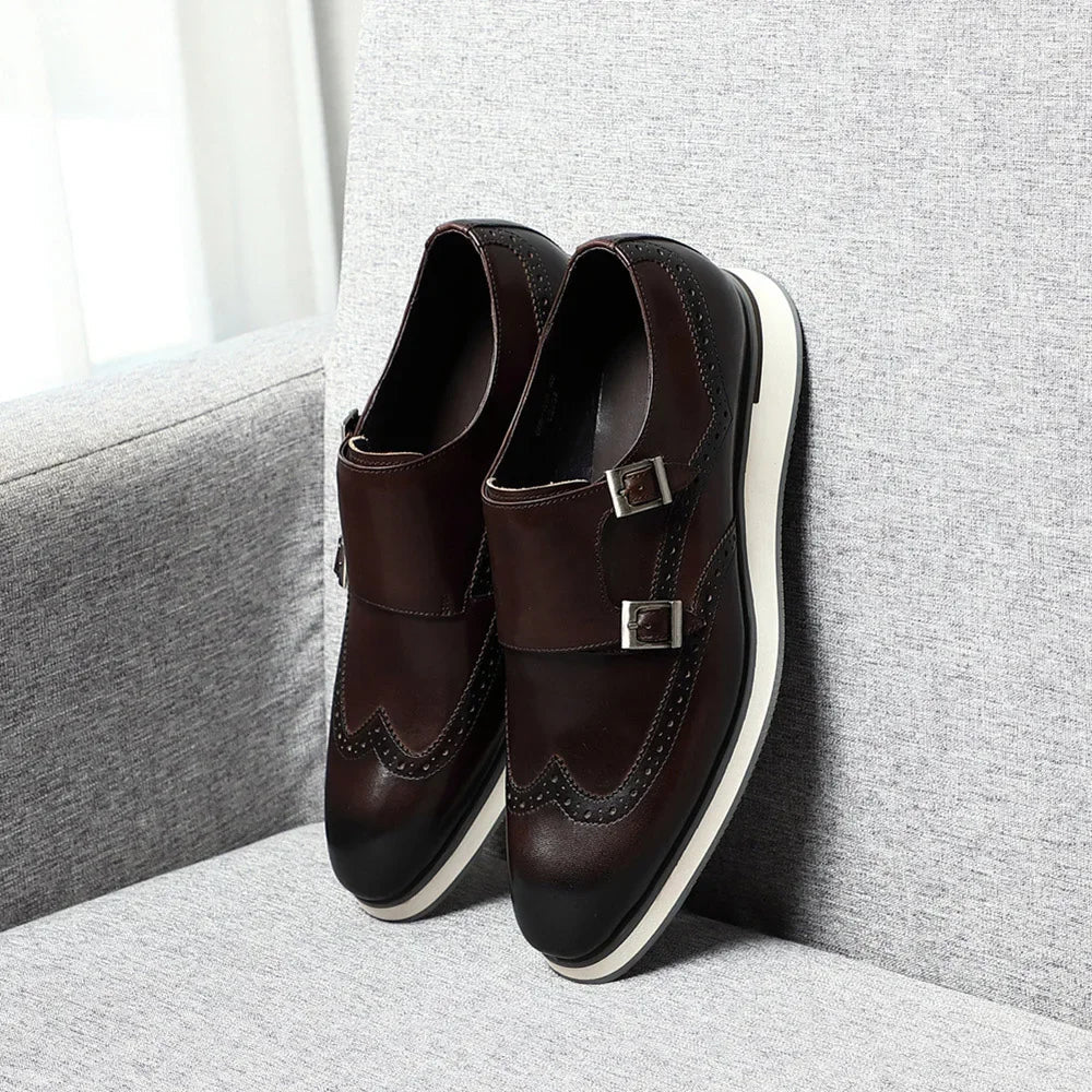 Luxury Men's Double Buckle Monk Strap Flats | Genuine Leather Casual Walk Shoes (Dark Brown, Black)