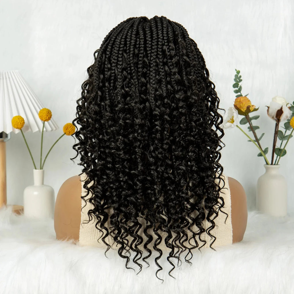 Short Bohemian Box Braids Wig | Full Lace | Curly Ends | Baby Hair | Synthetic Boho Wig