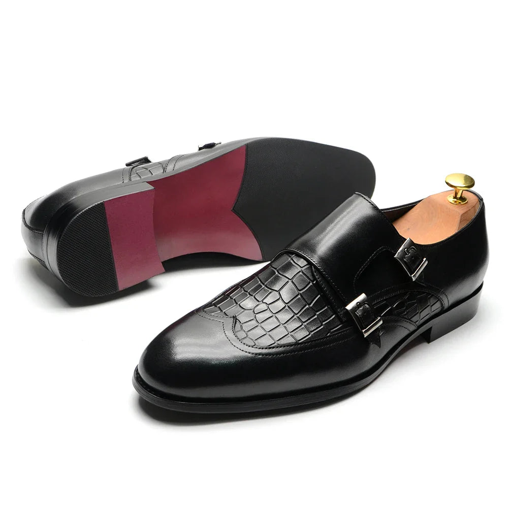Elegant Men's Genuine Leather Monk Strap Shoes | Stone Pattern Print Double Buckle & Cap Toe (Business, Party, Social)