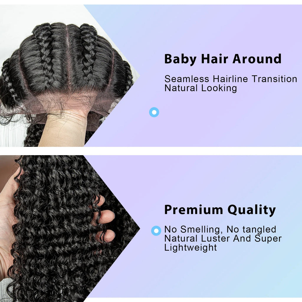 22" Box Braids Full Lace Wig | Two Curly Ponytails | Baby Hair | Synthetic Braided Wig