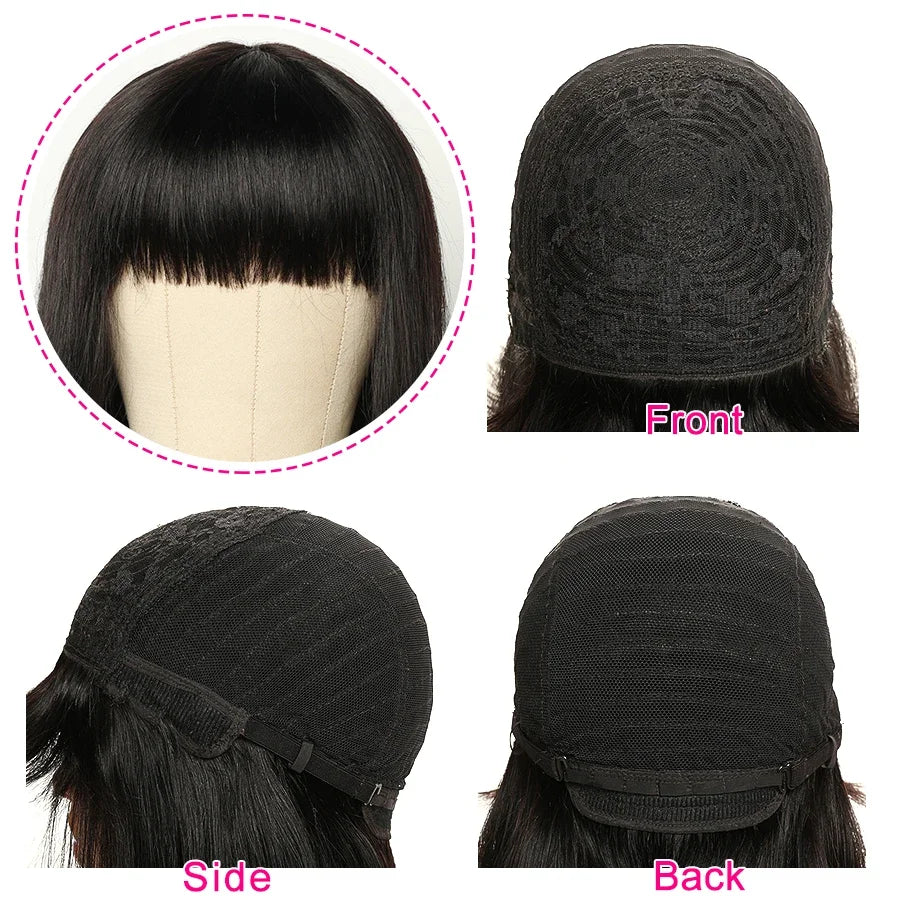 Peruvian Straight Bob Wig with Bangs | Full Machine Made Human Hair Wig | Natural Color