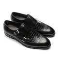Elegant Men's Genuine Leather Monk Strap Shoes | Stone Pattern Print Double Buckle & Cap Toe (Business, Party, Social)