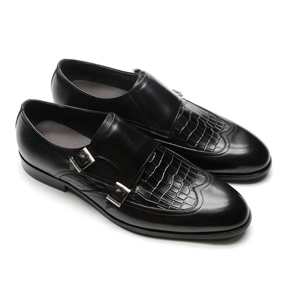Elegant Men's Genuine Leather Monk Strap Shoes | Stone Pattern Print Double Buckle & Cap Toe (Business, Party, Social)
