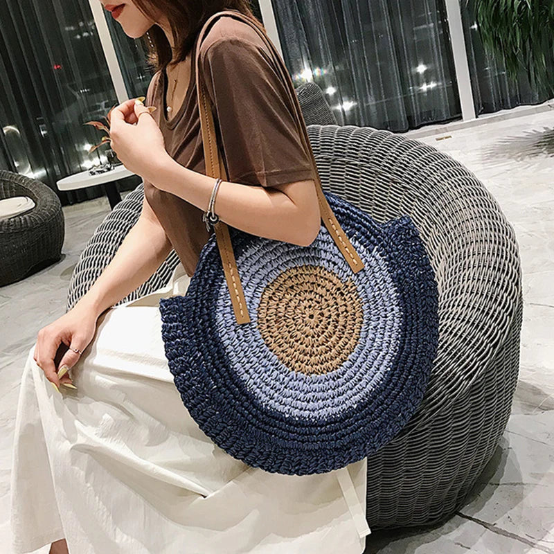 Large Capacity Round Women's Fashionable Straw Woven Shoulder Bag | Handmade Summer Beach Travel Holiday Women Tote Bags