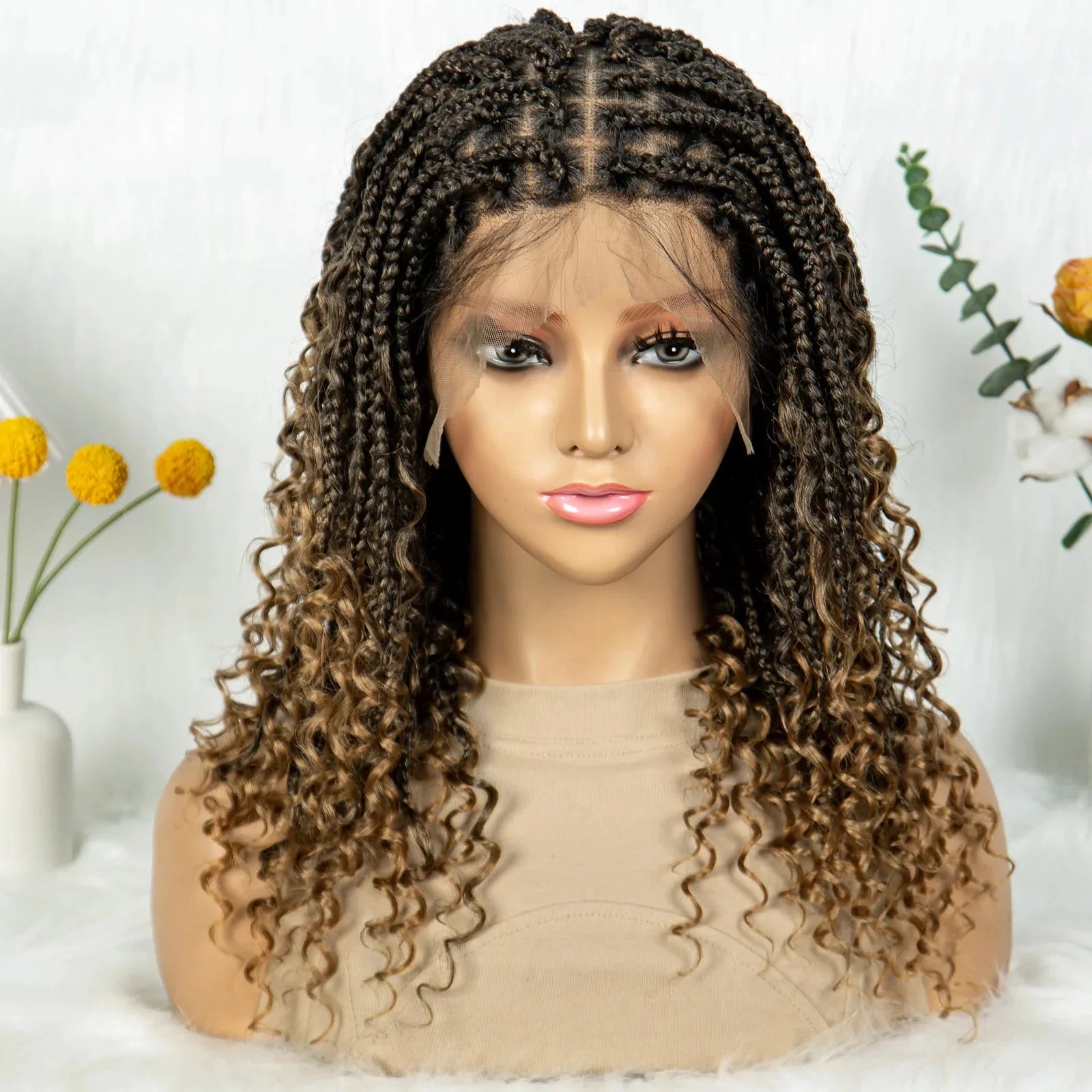 Short Bohemian Box Braids Wig | Full Lace | Curly Ends | Baby Hair | Synthetic Boho Wig
