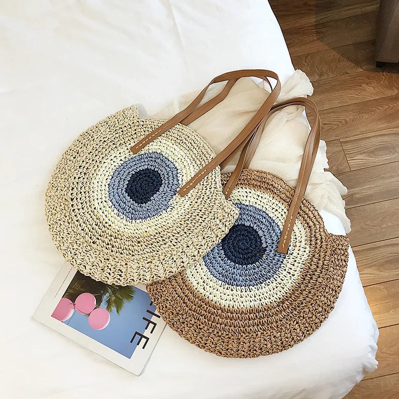 Large Capacity Round Women's Fashionable Straw Woven Shoulder Bag | Handmade Summer Beach Travel Holiday Women Tote Bags