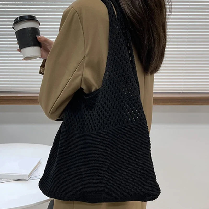 New Trend Women's Crochet Handbag | Retro Knitted Braid Solid Color Hollow Top-Handle Tote Bag (Black Khaki Shopper)