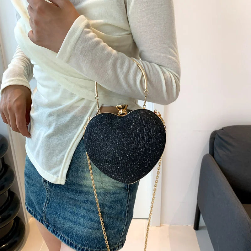 Shiny Heart Shape Metal Evening Clutch Bag for Women | Fashion Chain Shoulder Crossbody Bag (Luxury Lady Purse)