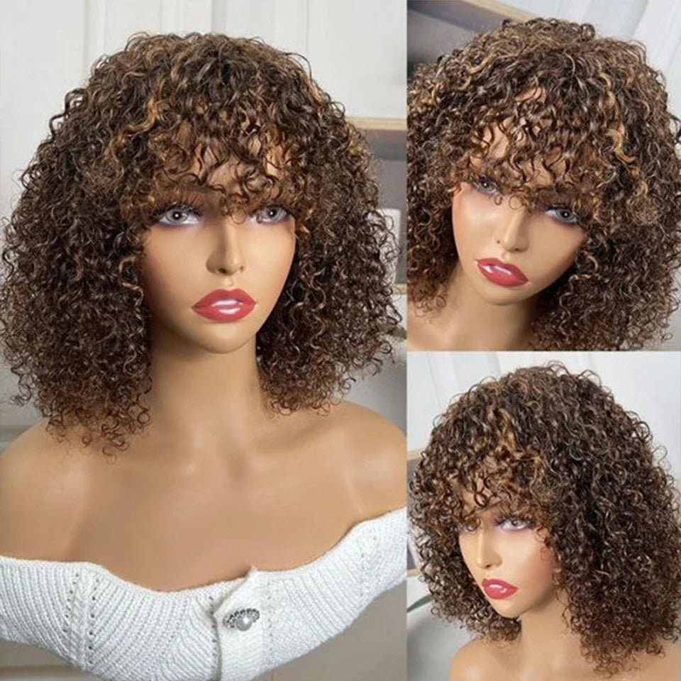Highlight Honey Blonde Jerry Curly Pixie Bob Wig with Bangs | Full Machine Made Human Hair