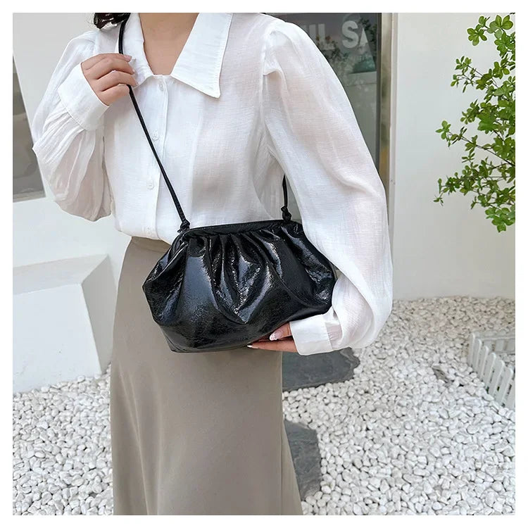 Small Luxury Design Women's Leather Silver Cloud Bag | Gold Crossbody & Ladies Party Clutch Purse (Sequined, Ruched Handbag)