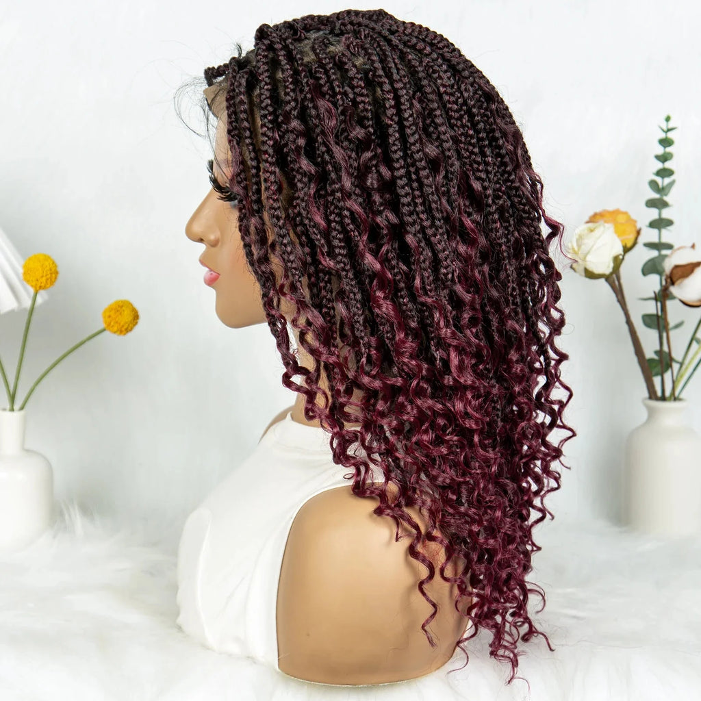 Short Bohemian Box Braids Wig | Full Lace | Curly Ends | Baby Hair | Synthetic Boho Wig