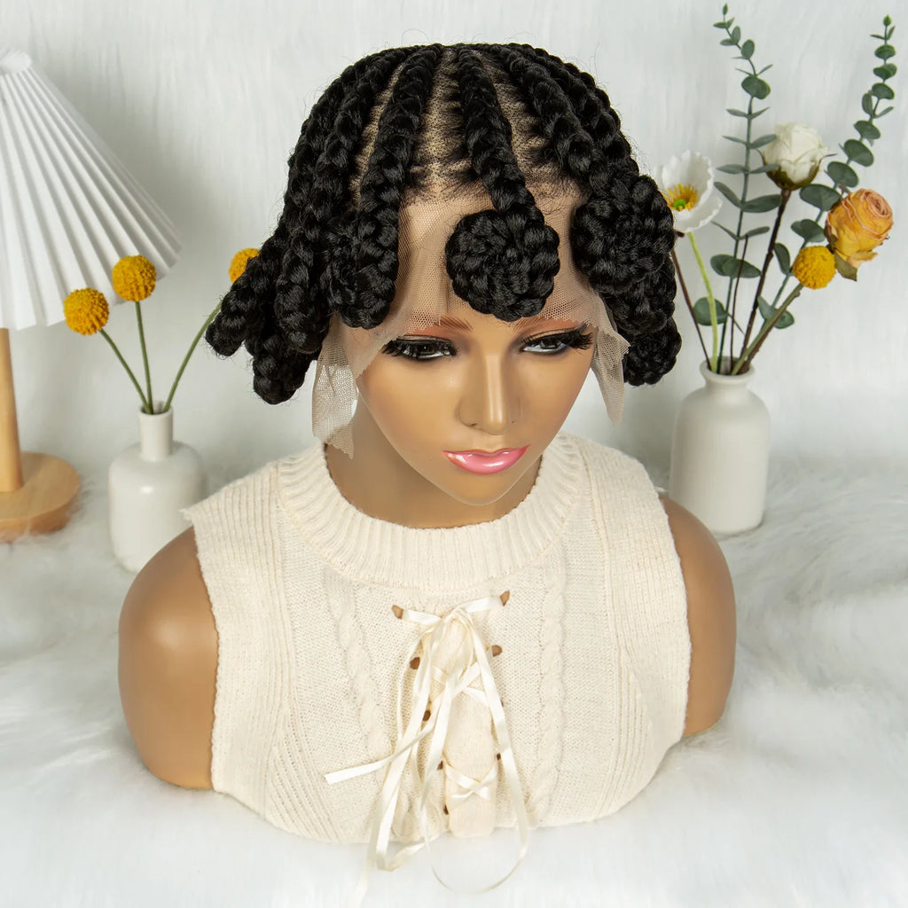 Short Bantu Knot Braided Wig | Full Lace | Synthetic Hair | Baby Hairs | Transparent Lace | Cute Braids Wig for Women