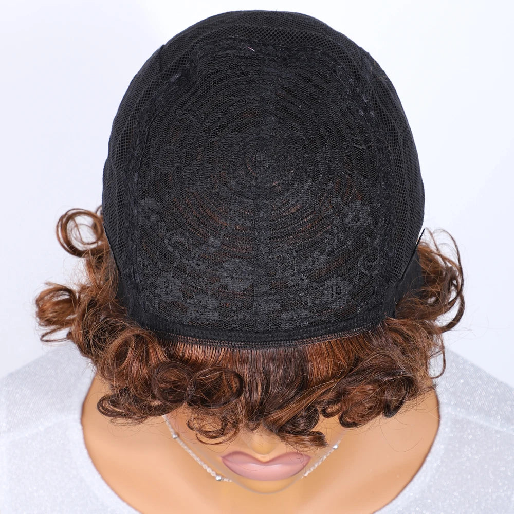 Sleek 100% Real Ready To Wear Short Water Wave Pixie Cut Wigs Brown Colored Curly Brazilian Curly Human Hair Wigs For Women