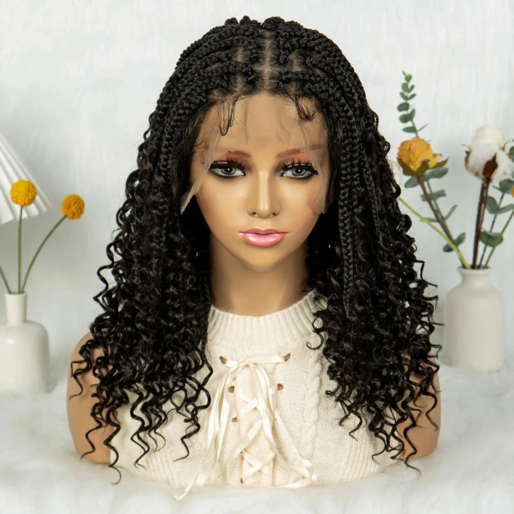 Short Bohemian Box Braids Wig | Full Lace | Curly Ends | Baby Hair | Synthetic Boho Wig