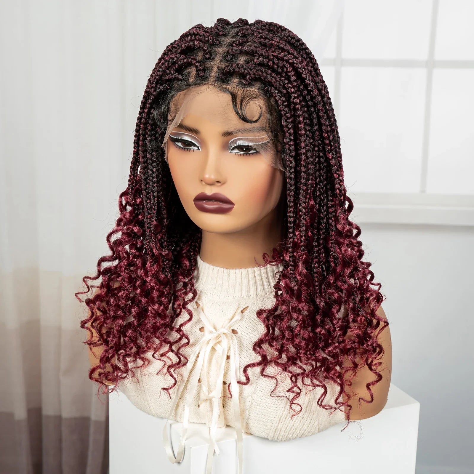 Ombre Boho Knotless Braids Bob Wig with Curly Ends | Full Lace
