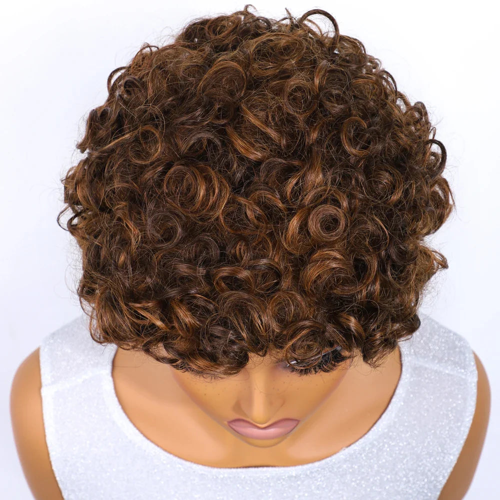 Sleek 100% Real Ready To Wear Short Water Wave Pixie Cut Wigs Brown Colored Curly Brazilian Curly Human Hair Wigs For Women