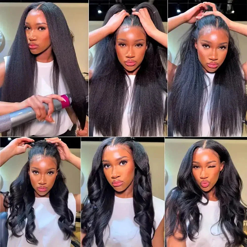 Kinky Straight 360 HD Lace Frontal Wig | Yaki Straight Ponytail Human Hair Wig for Black Women (Transparent Lace, Clearance Sale)
