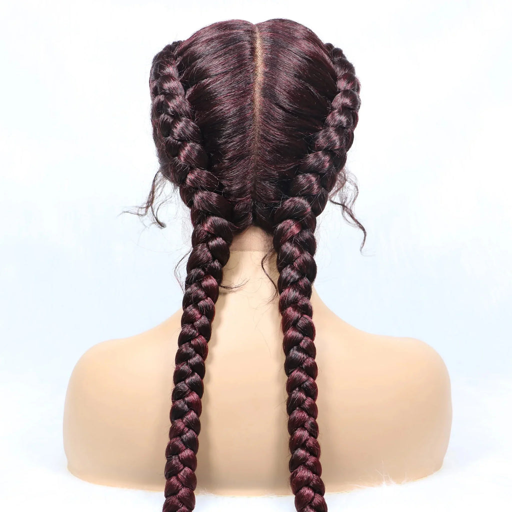 Handmade Double Dutch Cornrow Braided Wig | Natural Black Lace Front | Baby Hair | Kanekalon Synthetic Wig for Women
