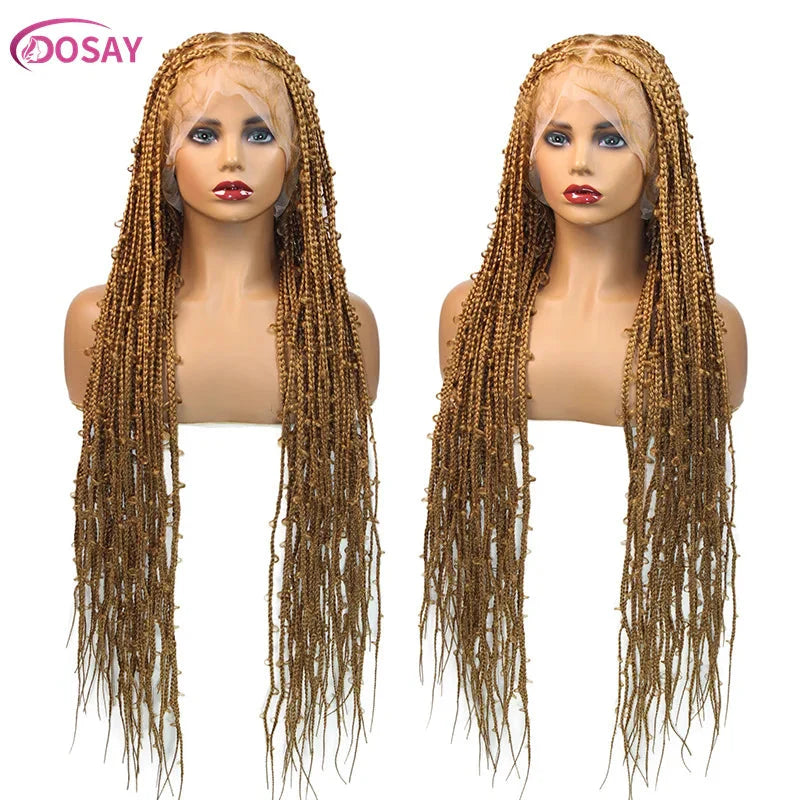 36" Butterfly Braided Full Lace Wig | Honey Blonde & Burgundy Goddess Locs | Synthetic Box Braids | Transparent Lace