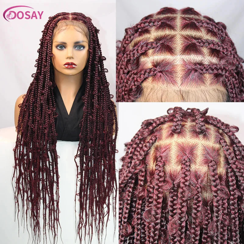 36" Butterfly Braided Full Lace Wig | Honey Blonde & Burgundy Goddess Locs | Synthetic Box Braids | Transparent Lace