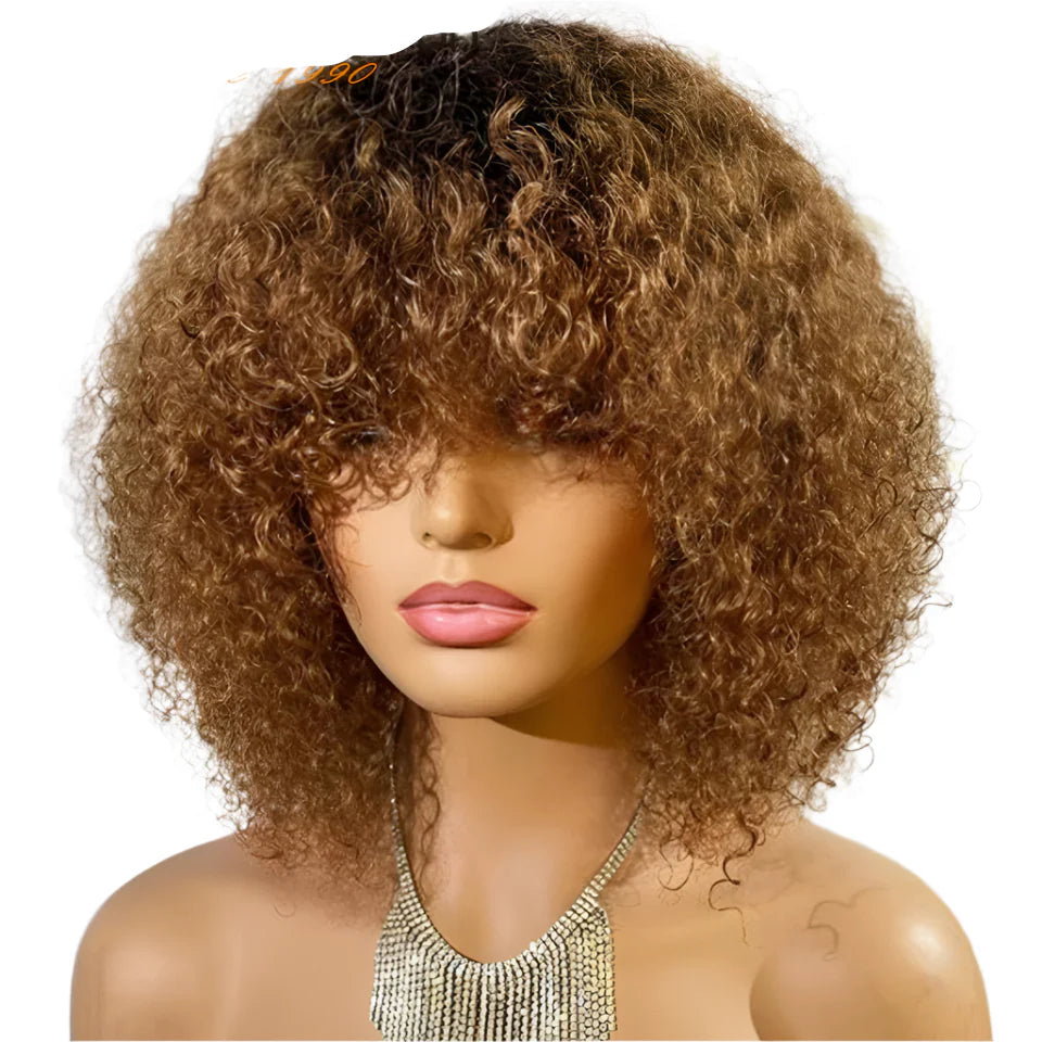 Highlight Honey Blonde Jerry Curly Pixie Bob Wig with Bangs | Full Machine Made Human Hair
