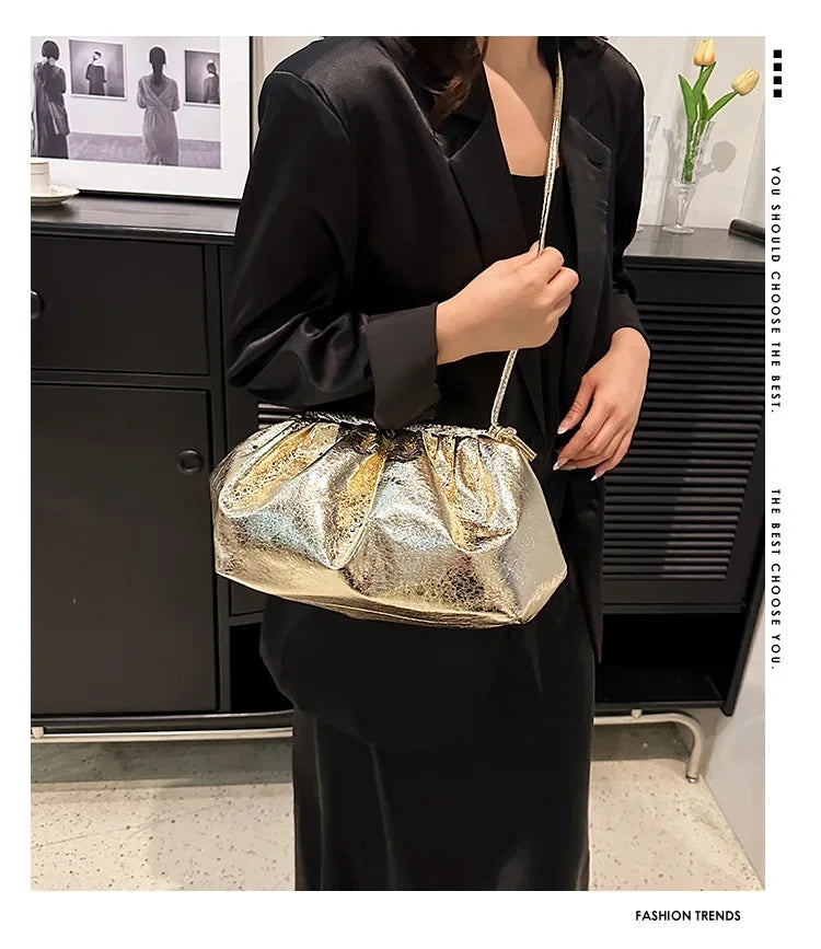 Small Luxury Design Women's Leather Silver Cloud Bag | Gold Crossbody & Ladies Party Clutch Purse (Sequined, Ruched Handbag)