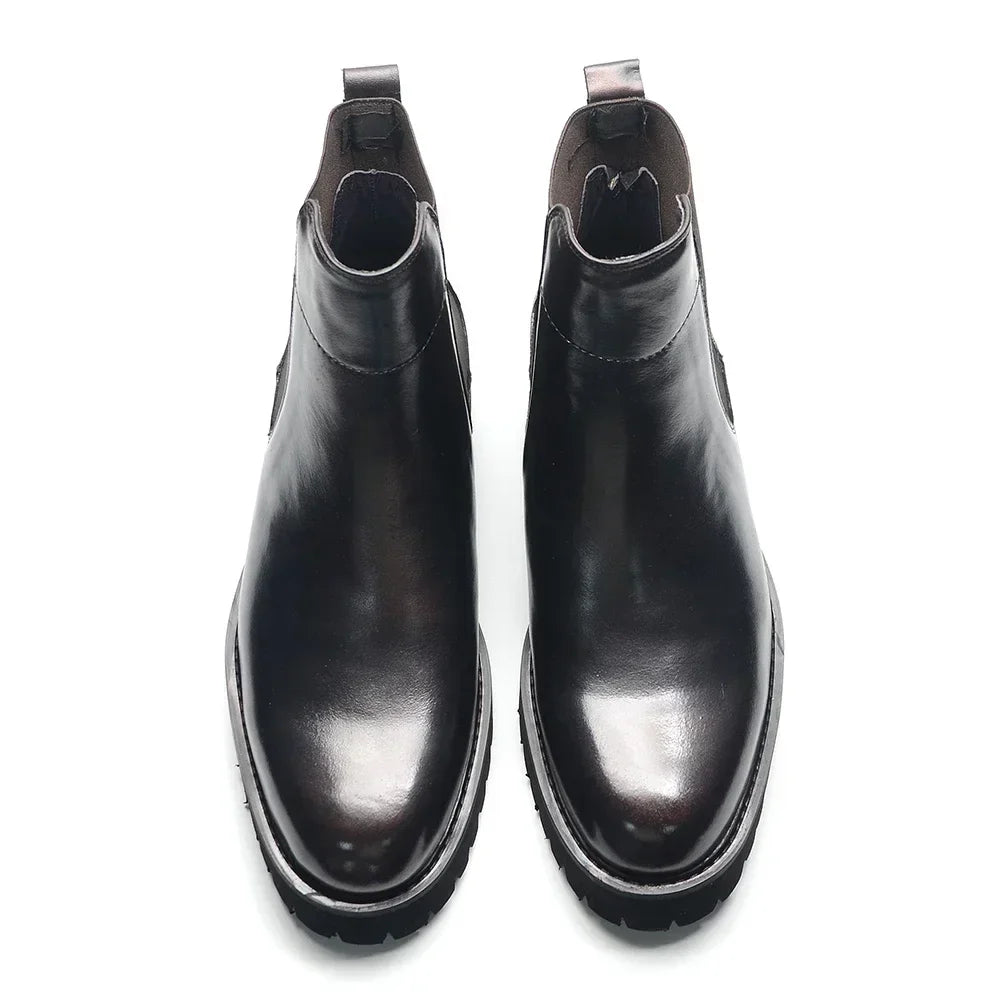 British Style High Top Men's Chelsea Boots | Classic Luxury Genuine Leather (Height Increasing, Elastic Band)