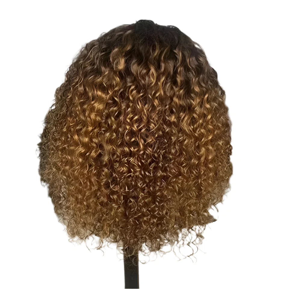 Highlight Honey Blonde Jerry Curly Pixie Bob Wig with Bangs | Full Machine Made Human Hair
