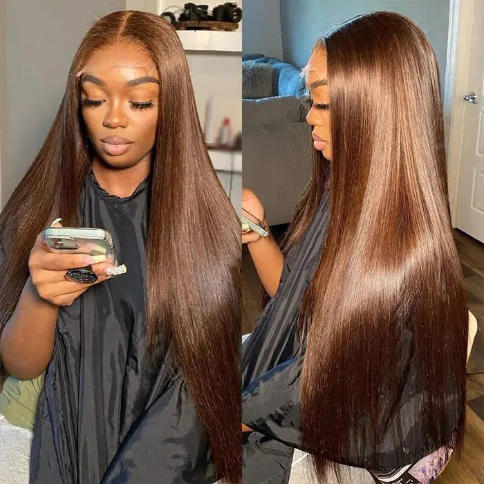 Dark Brown & Ginger Blonde Straight Wig | 13x4 Transparent Lace Front Peruvian Human Hair (Pre-Plucked)