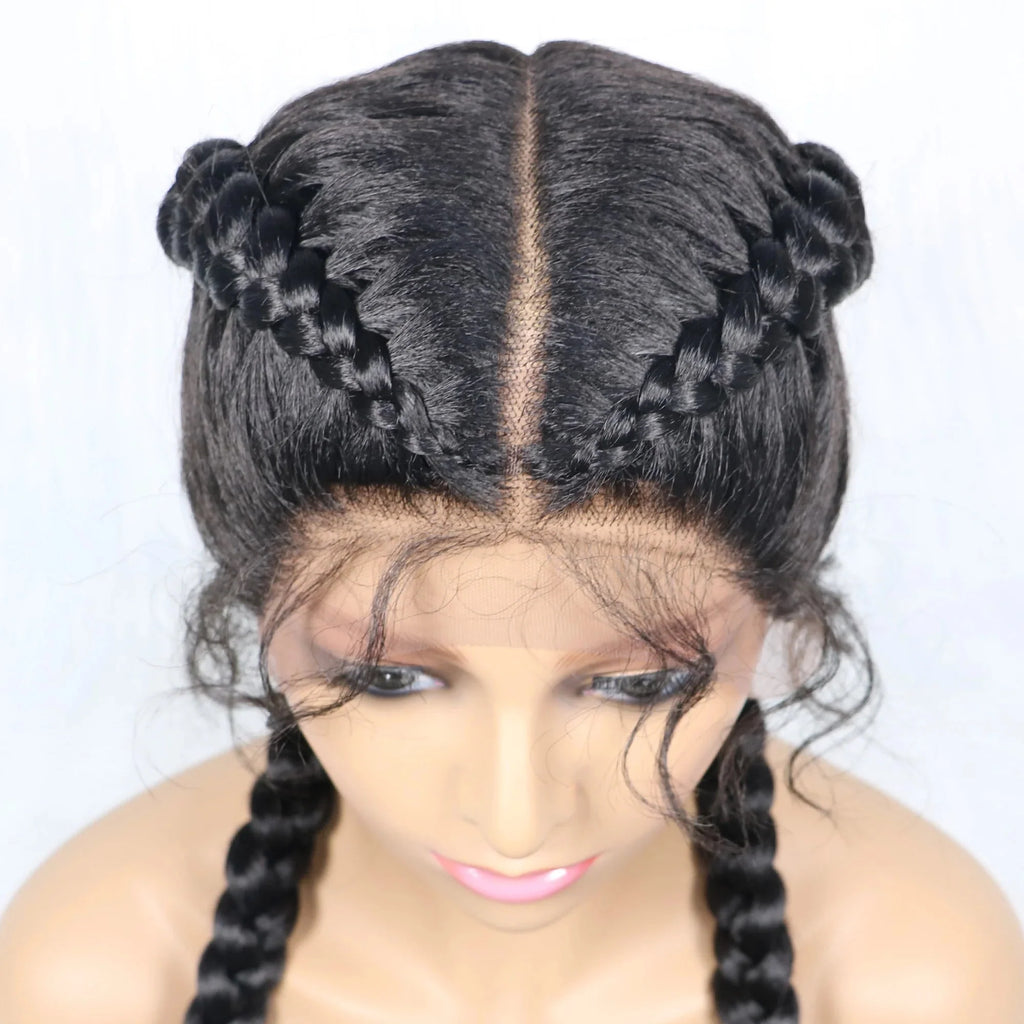 Handmade Double Dutch Cornrow Braided Wig | Natural Black Lace Front | Baby Hair | Kanekalon Synthetic Wig for Women