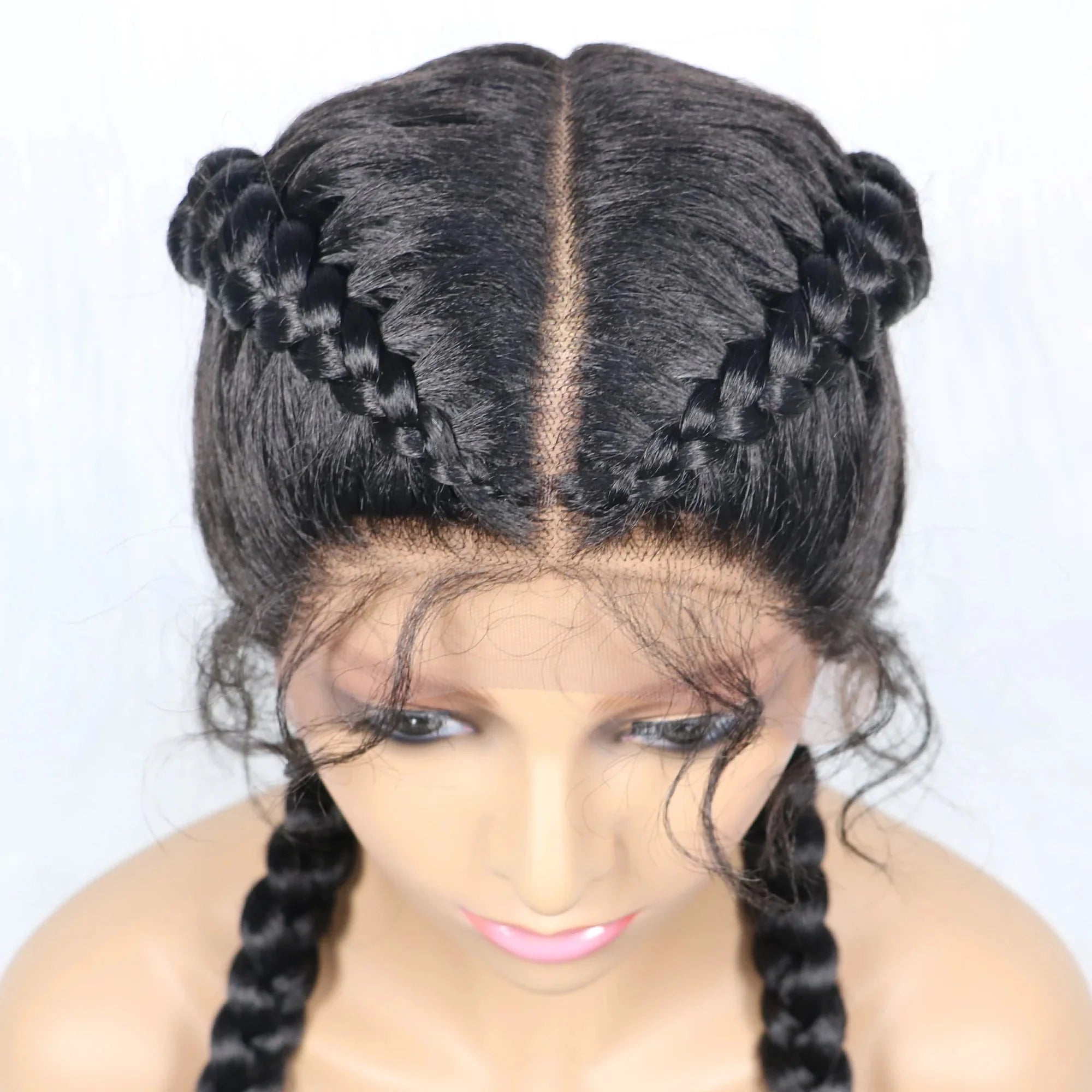 Handmade Double Dutch Cornrow Braided Wig | Natural Black Lace Front | Baby Hair | Kanekalon Synthetic Wig for Women