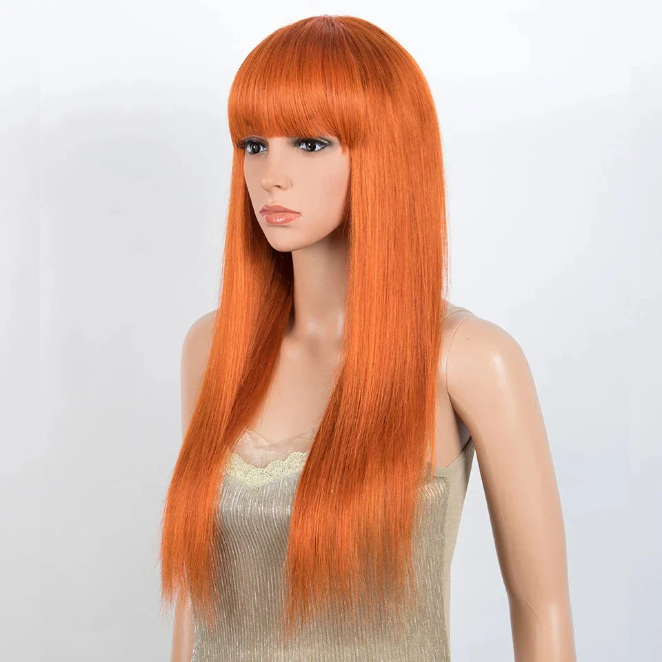 Dirty Pink Straight Human Hair Wig with Bangs | Full Machine Made Brazilian Remy for Women (Wear & Go)