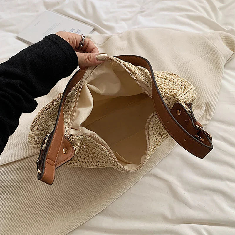 Large Capacity Summer Straw Weaving Shoulder Bag | Women's Handmade Crochet Beach Handbag & Woven Hollow Out Underarm Knitting Bag