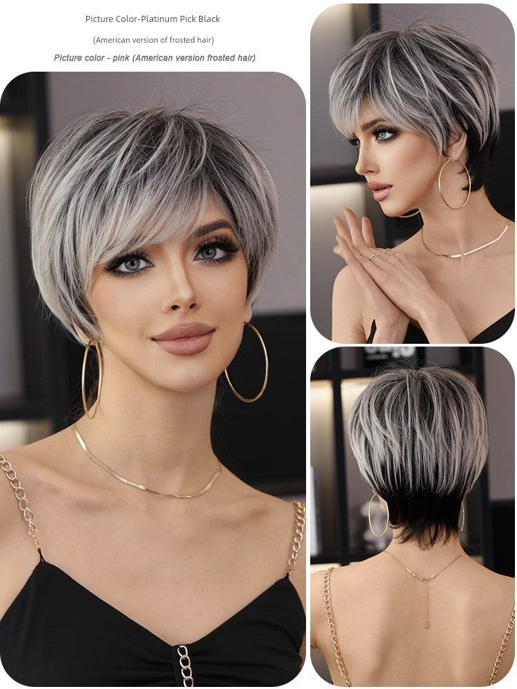 European & American Short Platinum Highlight Black Wig | Full Head Cover Artificial Human Hair Wig for Women (Natural Hairstyle with Oblique Bangs)