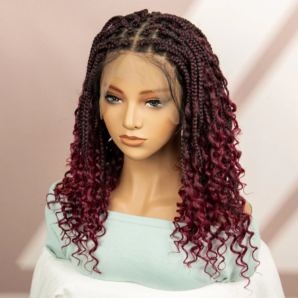 Burgundy Knotless Box Braids Wig with Curly Ends | Full Lace